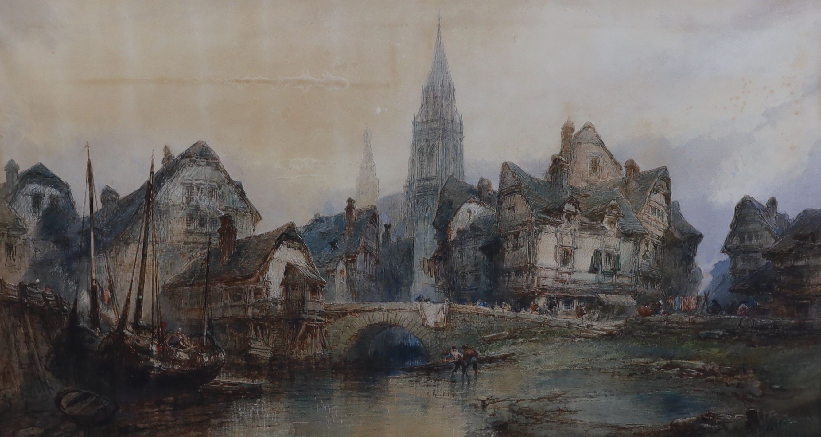 Paul Marny (1829-1914), Views on the river at Lyon, near pair of watercolours, 60 x 105cm and 58 x 106cm